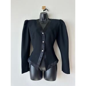 Vintage 80s Black Structured Blazer Satin Trim Statement Buttons Avant Garde
